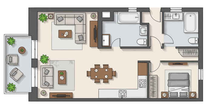Comprehensive architectural floor plan depiction showing a well appointed two bedroom residence layout with living areas dining space kitchen bathrooms and exterior balcony offering a clear
