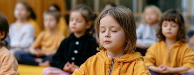 Fototapeta premium Young children meditating in a classroom setting during mindfulness session 