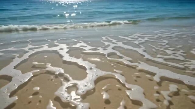 Clear turquoise ocean waves gently wash over a sandy tropical beach shore.