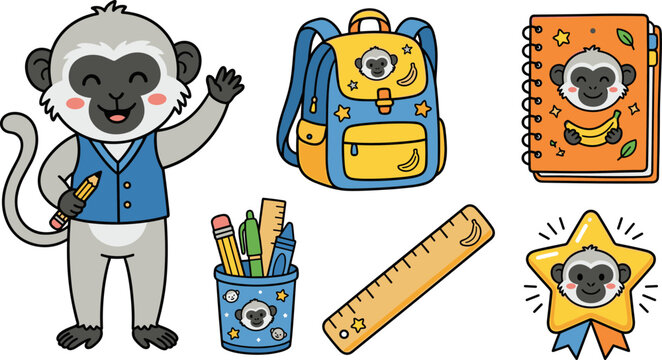 Cute cartoon monkey with school supplies, backpack, notebook, ruler, and pencil holder.
