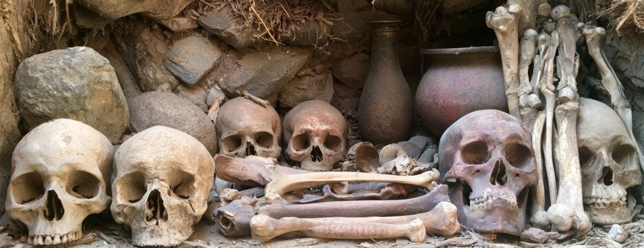 Display of human skulls and bones arranged on ancient stones in shamanic village  