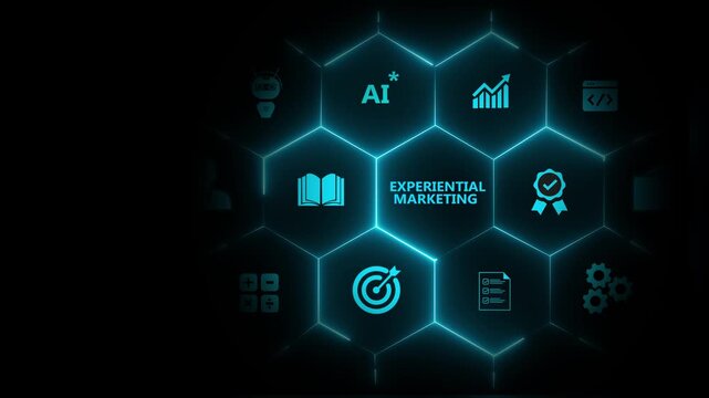 Experiential marketing strategy, customer engagement concept. Interfacing labeled Experiential Marketing surrounded by icons; customer engagement, retail interaction and interactive brand experiences.