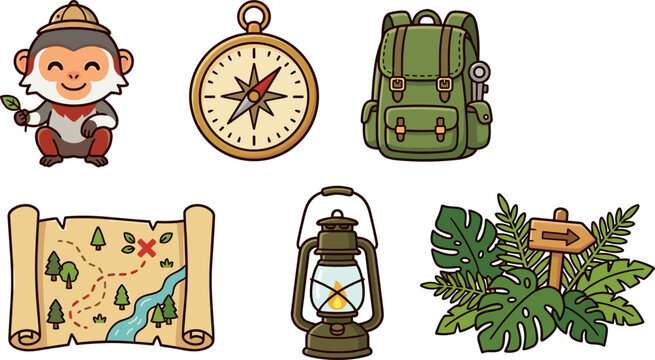 Cute Monkey Explorer with Safari Gear and Treasure Map Icons