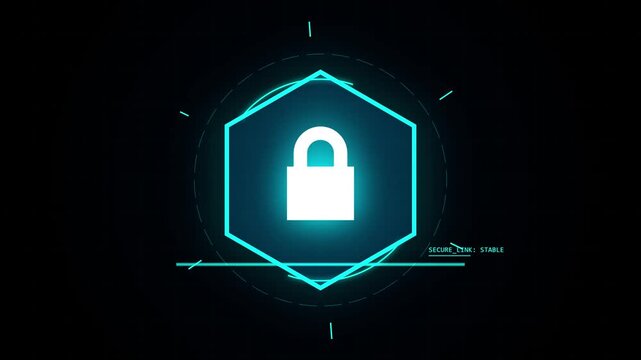 Digital Security Lock Icon with Futuristic Neon Hexagon Border and Data Stream.
