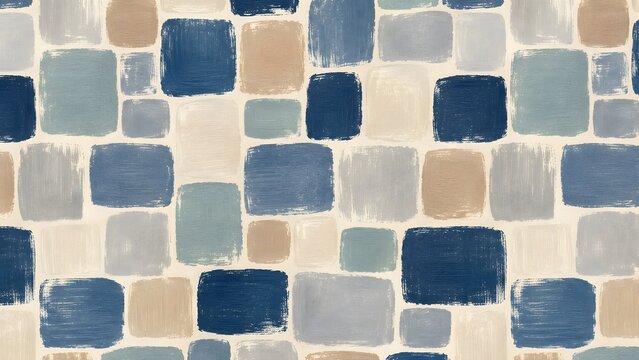 Abstract seamless pattern with handpainted square shapes in blue, beige, and grey colors, textured brush strokes on a light cream background