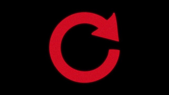 Red refresh icon flickering on black background with vintage film noise and VHS distortion effects.
