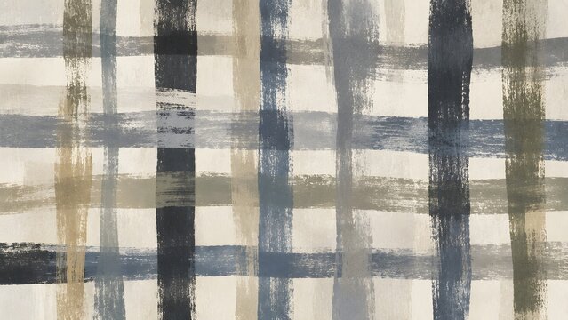 Abstract watercolor plaid pattern with handpainted brush strokes in shades of blue, grey, and beige on a textured offwhite background