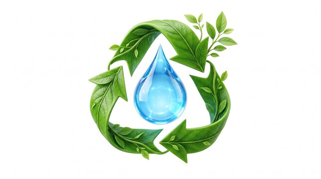 Recycling symbol with water droplet and green leaves