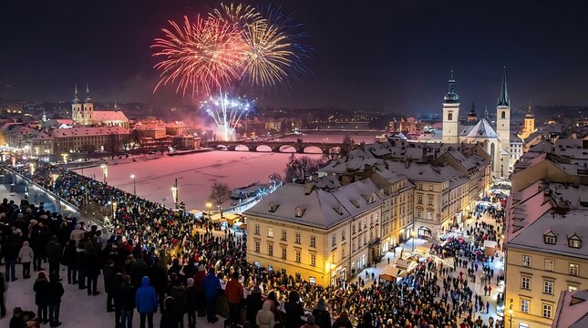 Fireworks exploding over snowy European city at night.