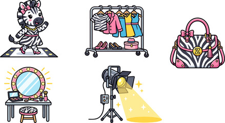 Cute cartoon zebra fashionista with clothes, makeup, and spotlight © dek