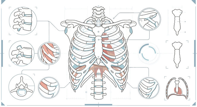 Human anatomy chest skeleton structure and ribcage bone medical diagram infographic dashboard chart set with muscle diaphragm line vector illustration