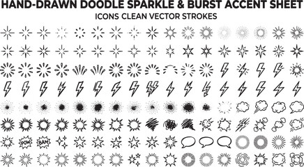Fototapeta premium Hand drawn doodle sparkle and burst accent sheet featuring various star shapes lightning bolts and comic style explosion elements