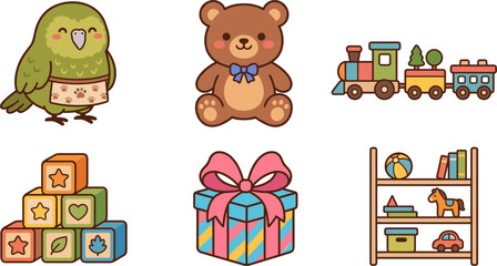 Cute cartoon toys: parrot, teddy bear, train, blocks, gift, bookshelf © dek