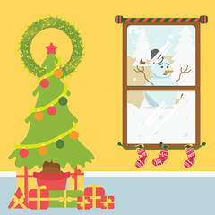 Fototapeta premium Christmas Tree and Winter Window Cozy Holiday Flat Illustration