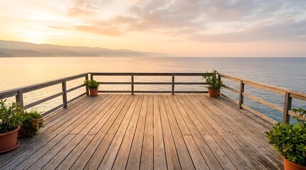Obraz premium Wooden deck overlooking calm ocean at sunset with potted plants