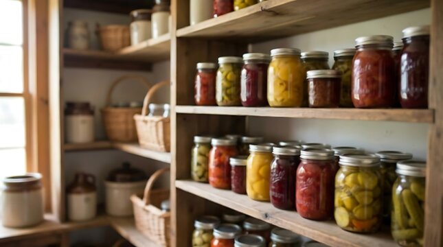Preserved food jars stocked on shelves in pantry