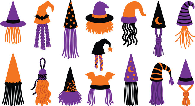 Halloween spooky witch hats and decorative tassel elements set with orange purple black holiday fringe shapes flat cartoon vector illustration