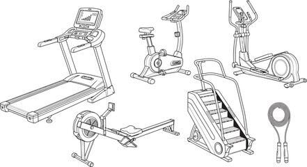 Collection of gym equipment including treadmill exercise bike elliptical rower and stair climber depicted in a detailed outline vector illustration © Zohaib