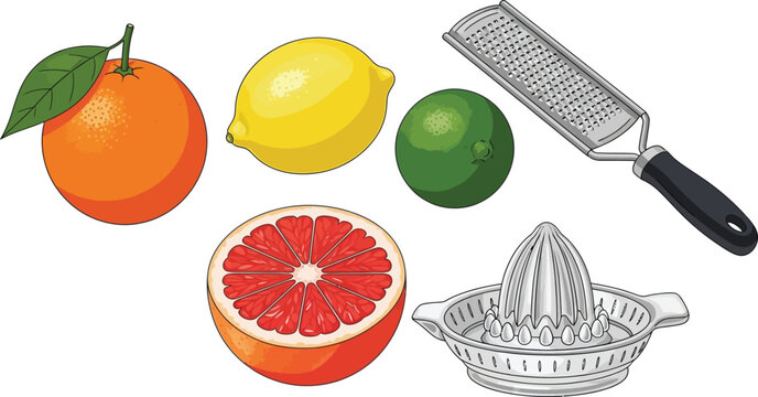Assortment of fresh citrus fruits like orange lemon lime and grapefruit with essential kitchen tools such as a zester and juicer ideal for culinary preparation and healthy eating
