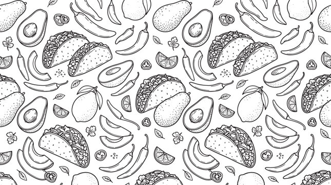 Hand drawn seamless pattern with tacos avocados and chili peppers for culinary menu design or food packaging vector illustration