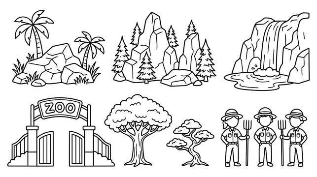Set of nature landscape elements with mountains waterfall zoo entrance and zookeepers.