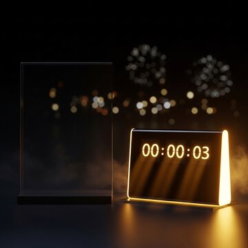 Digital countdown clock showing three seconds remaining with festive bokeh lights in background.