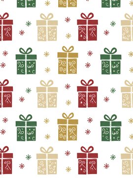 A delightful block-print style seamless pattern featuring charming Christmas gift boxes and festive snowflakes in a vintage color palette of red, green, and gold, perfect for luxury wrapping paper
