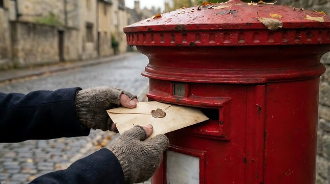 Hand mailing letter in traditional red British post box.