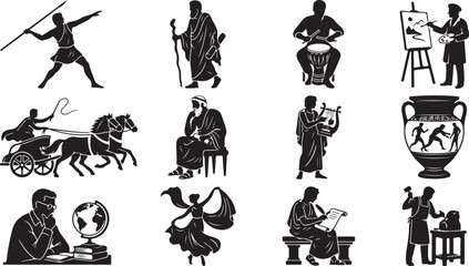 Naklejka premium Set of black silhouette depicting ancient greek figures, warriors, musicians, and scholars on a white background