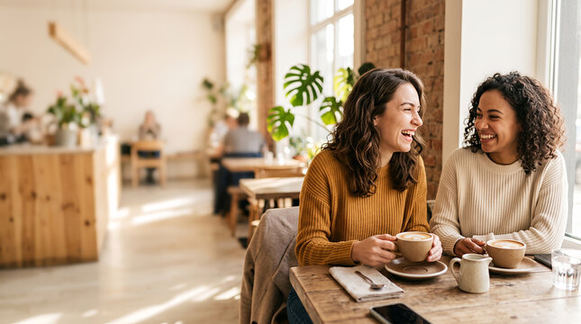 Two young women laughing together at cafe with coffee