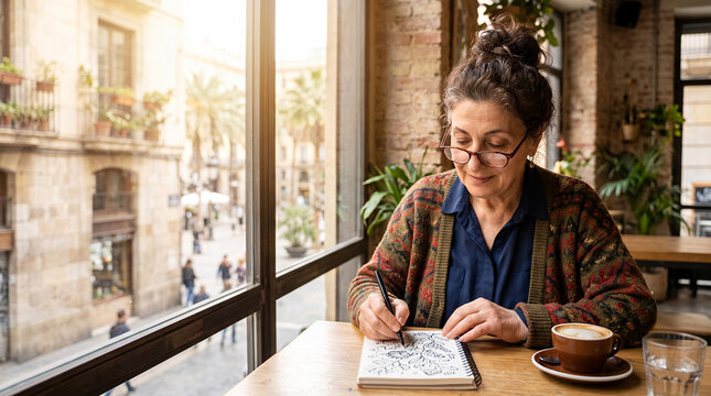 Mature woman sketching and drawing by sunny window indoors