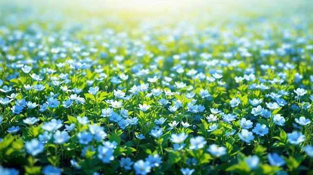 blue forget-me-nots field closeup in sunlight meadow