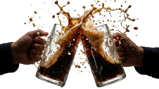 Two Hands Toasting with Glass Mugs of Dark Soda or Beer with Splashing Foam