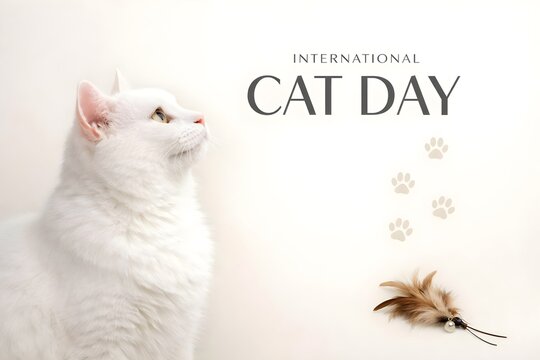 international cat day background with elegant white cat and copy space