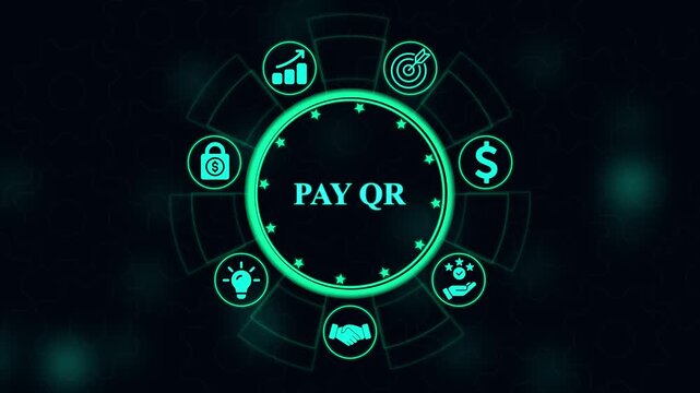 Glowing cyan pay qr concept featuring circular and business symbols on a dark background with gear patterns and star accents