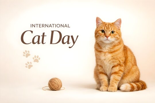 international cat day background with adorable ginger cat and copy space