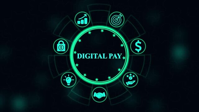 Glowing cyan digital pay concept featuring circular and business symbols on a dark background with gear patterns and star accents