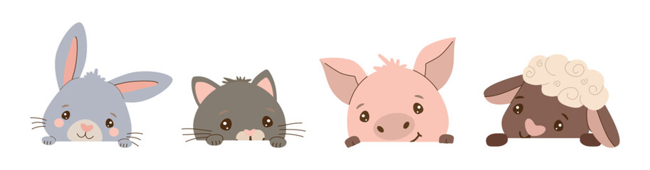 A horizontal vector border featuring a cartoon sheep, pig, cat, and rabbit looking out from behind a banner. Vector illustration