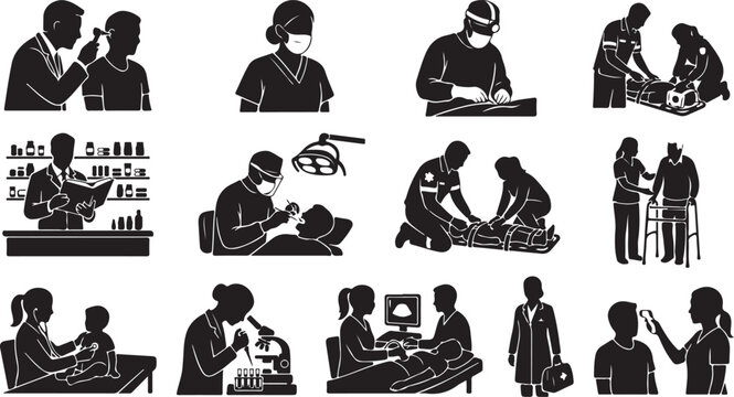 Set of medical and healthcare silhouettes showing doctors, nurses, surgeons, and paramedics performing patient care and diagnostic procedures