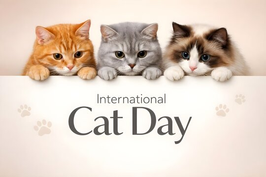 international cat day background with three adorable cats and copy space