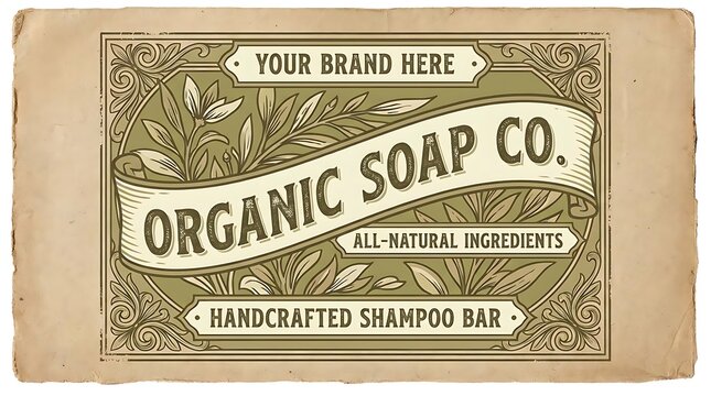 Vintage organic soap company label design with natural botanical elements