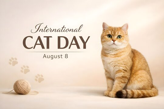 international cat day background with adorable ginger cat and copy space