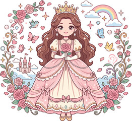 Fototapeta premium Cute cartoon princess holding a pink rose in magical garden frame vector illustration for children fairytale storybook backgrounds