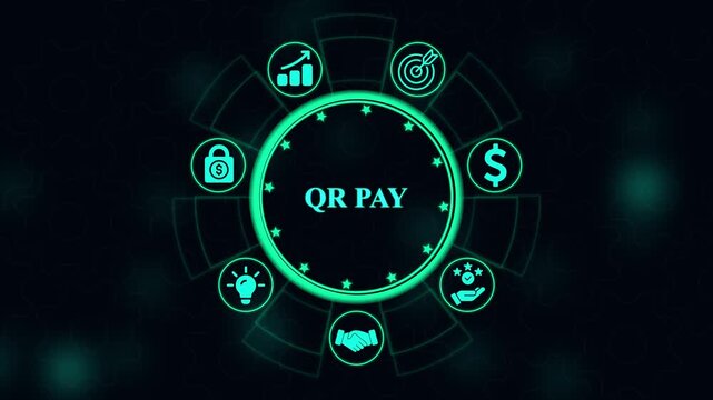 Qr pay digital interface with glowing teal and circular on a dark background for financial technology and money transfer