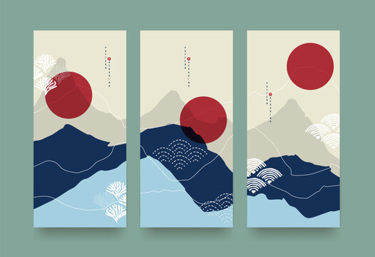 Set of Packaging templates japanese style background fabric luxury or premium products. Asian pattern art design.