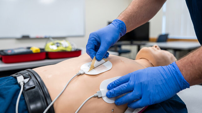 Healthcare worker hands in blue gloves, holding adhesive defibrillator pads, placing electrode patches on dummy torso, in medical training facility, educational photography