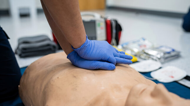 Hands in blue nitrile gloves, with training mannequin chest torso, performing CPR compression, indoor medical classroom, healthcare photography