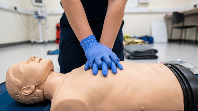 Paramedic trainee in blue uniform, with gloved hands over mannequin chest, demonstrating CPR technique, medical simulation room floor, emergency education photography