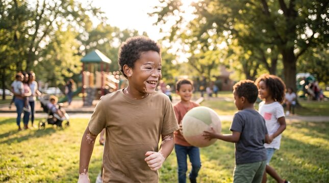 Happy Child with Vitiligo Playing with Friends in Park, Inclusive Childhood and Diversity Concept