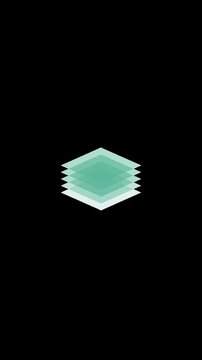 Futuristic isometric square glass layers loading animation on black background.